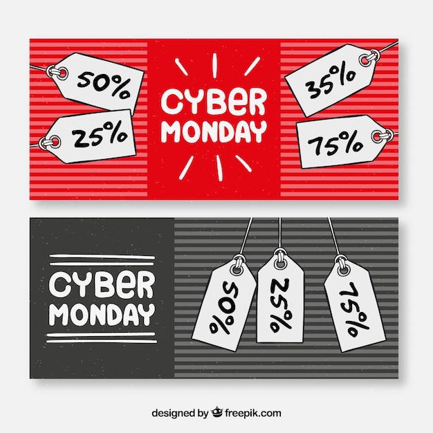 Hand getekende cyber maandag banners met prijskaartjes