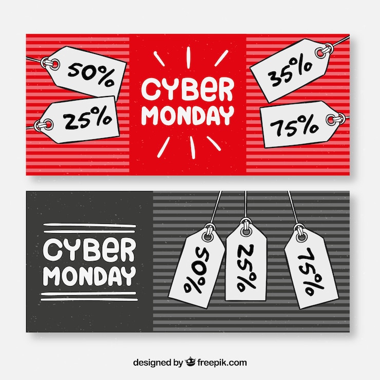 Gratis Vector hand getekende cyber maandag banners met prijskaartjes