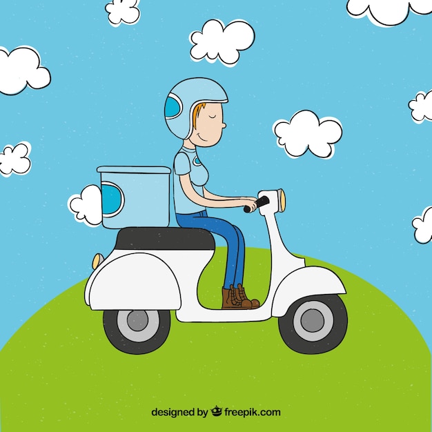 Gratis vector hand getekende deliverywoman met scooter