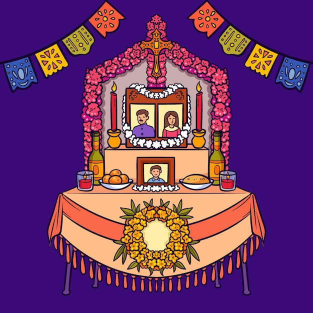 Gratis vector hand getekende dia de muertos familie huis altaar illustratie