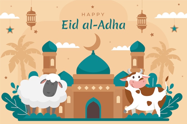 Gratis vector hand getekende eid al-adha koe en schapen achtergrond