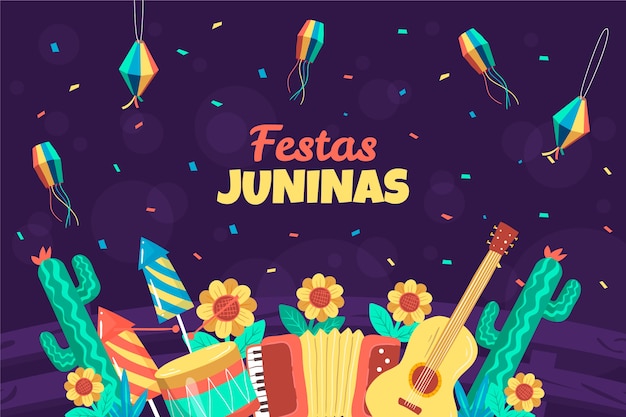 Hand getekende festas juninas achtergrond met muziekinstrumenten
