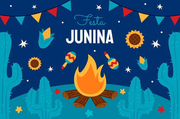 Hand getekende festas juninas achtergrond met vuur
