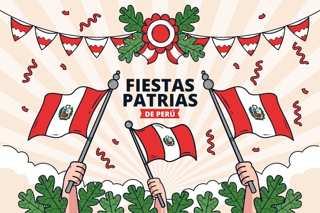 Hand getekende fiestas patrias achtergrond met handen met vlaggen