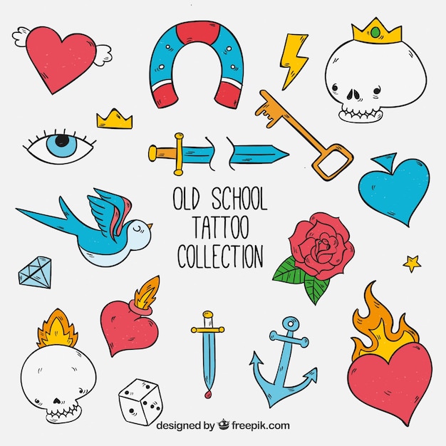 Hand getekende grappige oude school tattoo collectie