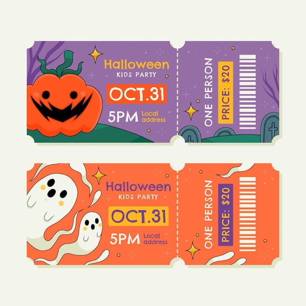 Gratis vector hand getekende halloween tickets set
