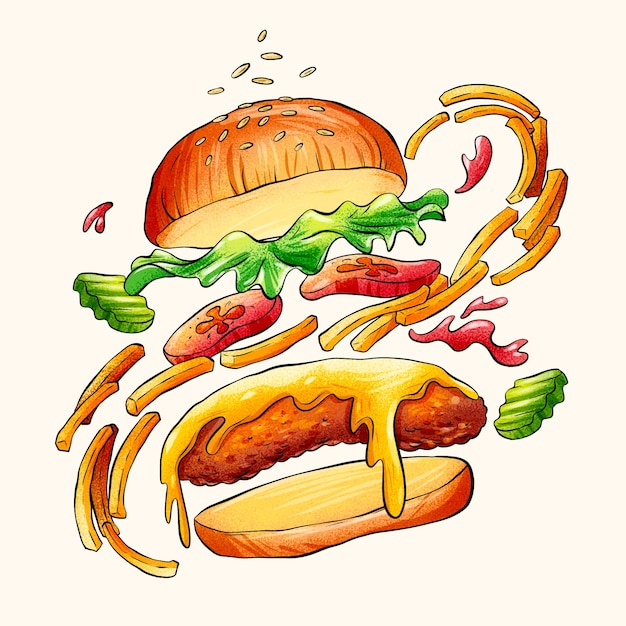 Hand getekende hamburger illustratie