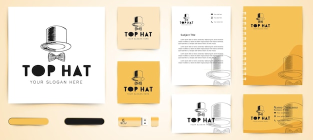 Hand getekende hoed en stropdas logo en visitekaartje branding sjabloonontwerp inspiratie geïsoleerd op een witte achtergrond