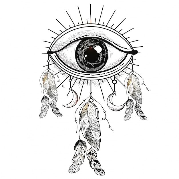 Hand getekende illustratie van All-Eye-Eye met etnische veren, Boho stijl element.