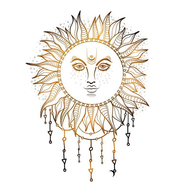Hand getekende illustratie van Glossy Sun, Creative Boho stijl element.