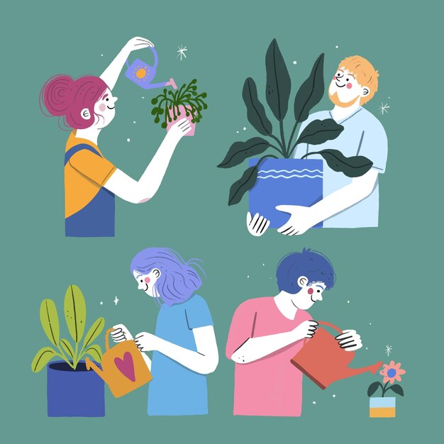 Hand getekende illustratie van mensen die voor planten zorgen