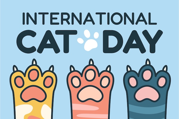 Hand getekende internationale kattendag achtergrond met kattenpoten