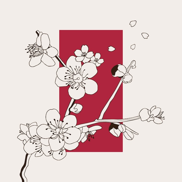 Hand getekende Japanse illustratie van kersenboom bloemen