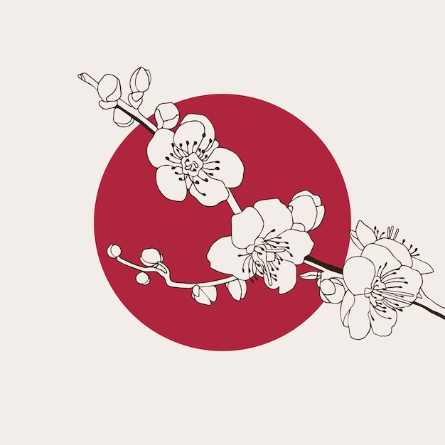 Hand getekende Japanse illustratie van kersenboom bloemen