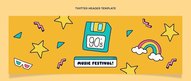 Hand getekende jaren 90 muziekfestival twitter header