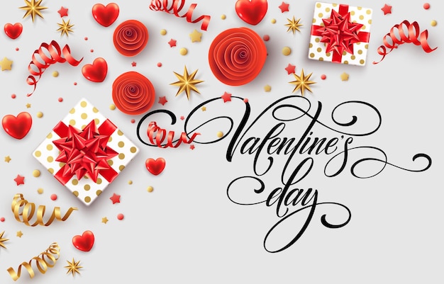 Gratis vector hand getekende kalligrafie belettering happy valentine day. kleur geschenkdoos, strikken en linten. vector illustratie eps10