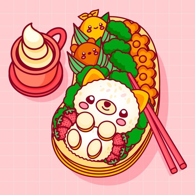 Hand getekende kawaii eten illustratie