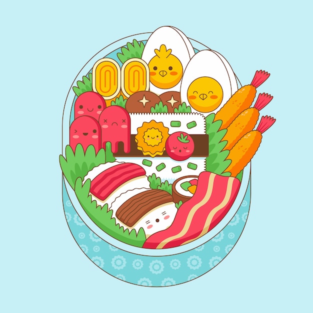 Hand getekende kawaii eten illustratie