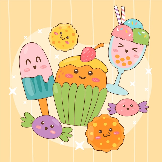 Gratis vector hand getekende kawaii illustratie set