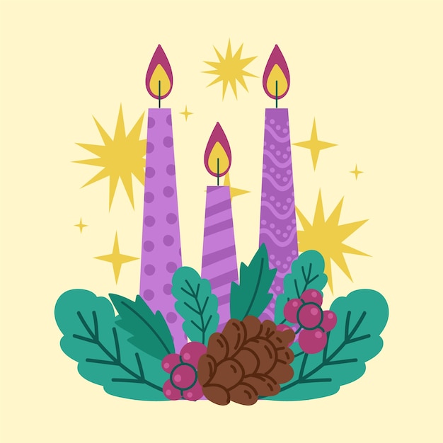 Gratis vector hand getekende paarse kaarsen advent achtergrond