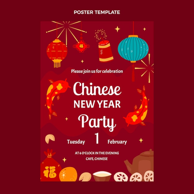 Hand getekende plat ontwerp Chinees Nieuwjaar poster