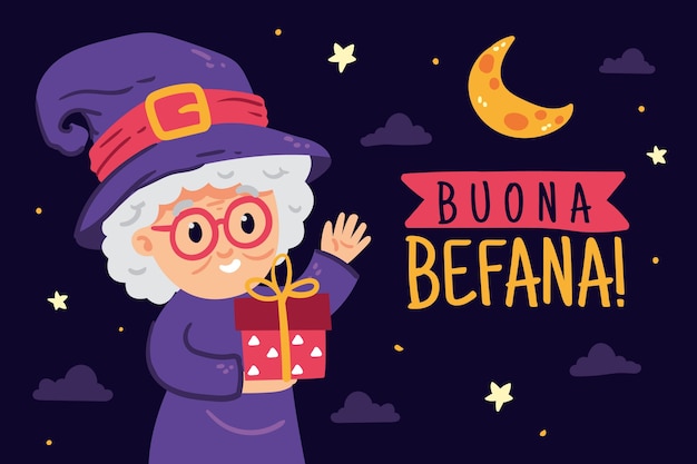 Gratis vector hand getekende platte befana achtergrond