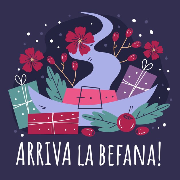 Hand getekende platte befana illustratie