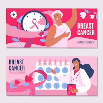Hand getekende platte borstkanker bewustzijn maand horizontale banners set