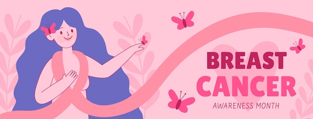 Hand getekende platte borstkanker bewustzijn maand sociale media voorbladsjabloon