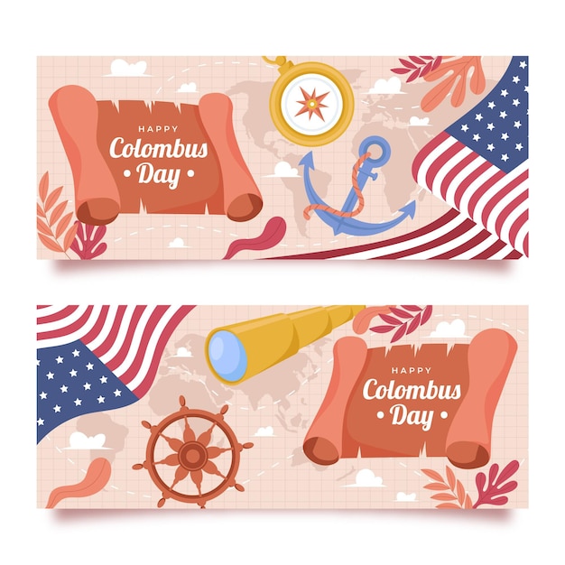 Gratis vector hand getekende platte columbus dag horizontale banners set