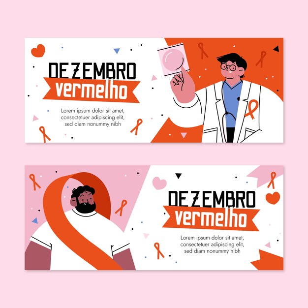 Hand getekende platte dezembro vermelho horizontale banners set