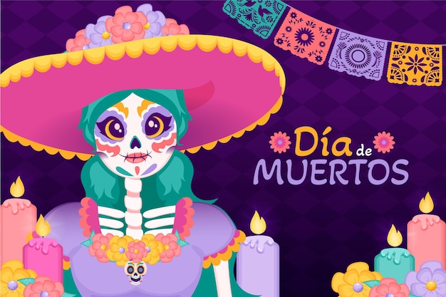 Hand getekende platte dia de muertos achtergrond