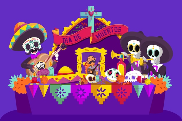 Hand getekende platte dia de muertos familie huis altaar illustratie