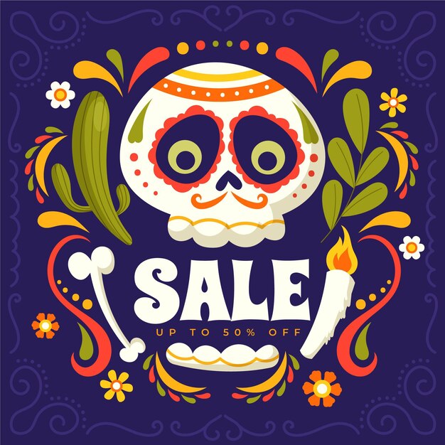 Hand getekende platte dia de muertos verkoop illustratie