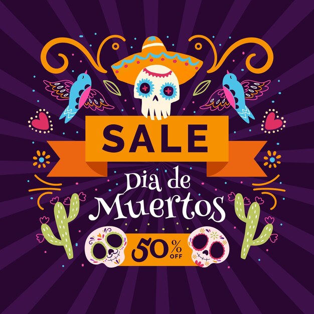 Hand getekende platte dia de muertos verkoop illustratie