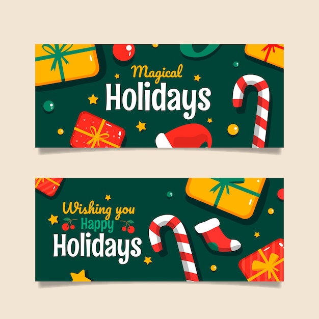 Hand getekende platte fijne feestdagen kerst banners set