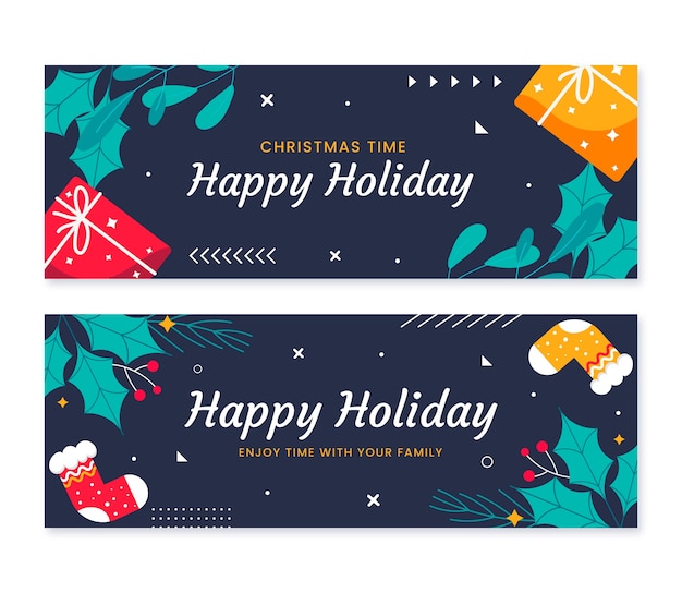 Hand getekende platte fijne feestdagen kerst banners set