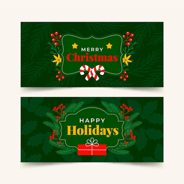 Hand getekende platte fijne feestdagen kerst banners set