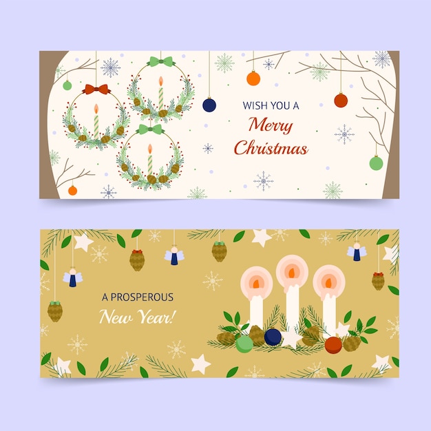 Hand getekende platte fijne feestdagen kerst banners set