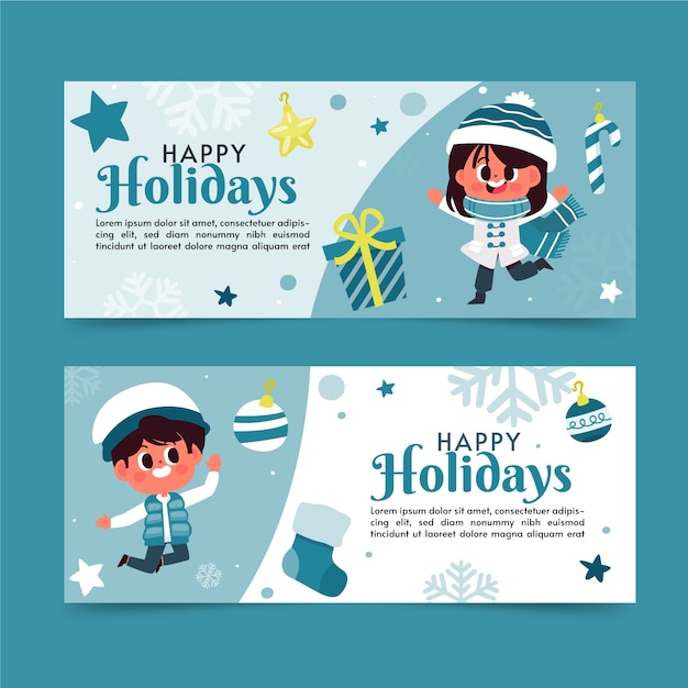 Hand getekende platte fijne feestdagen kerst banners set