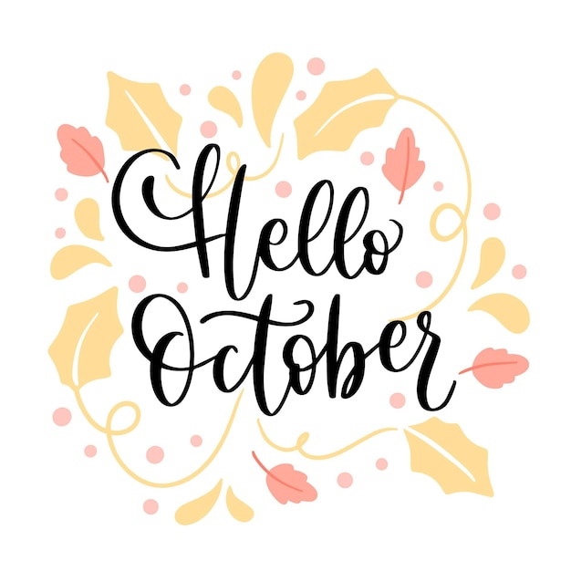 Hand getekende platte hallo oktober belettering