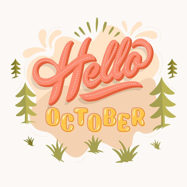 Hand getekende platte hallo oktober belettering