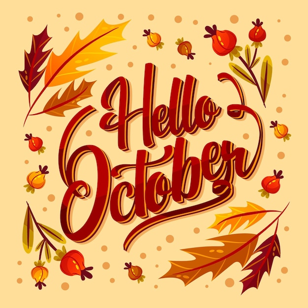 Hand getekende platte hallo oktober belettering