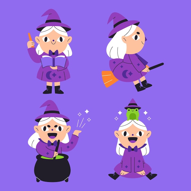 Gratis vector hand getekende platte halloween heksen collectie