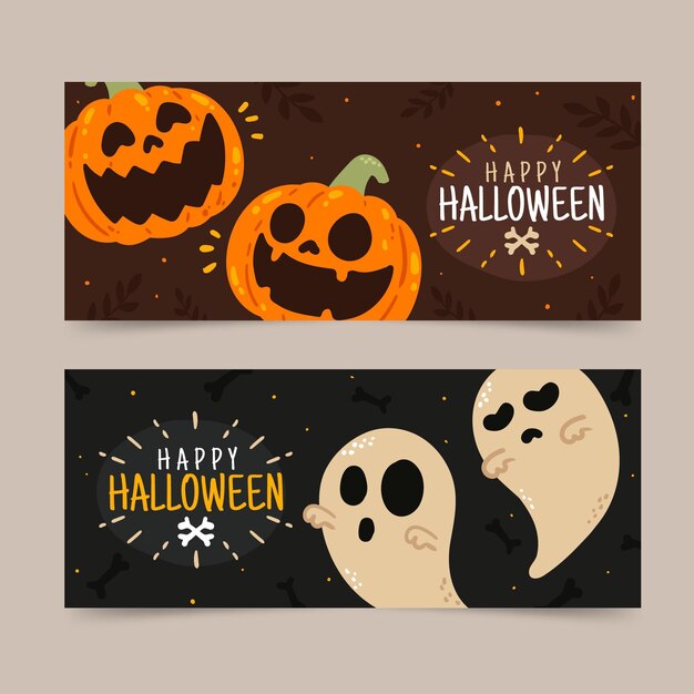 Hand getekende platte halloween horizontale banners set