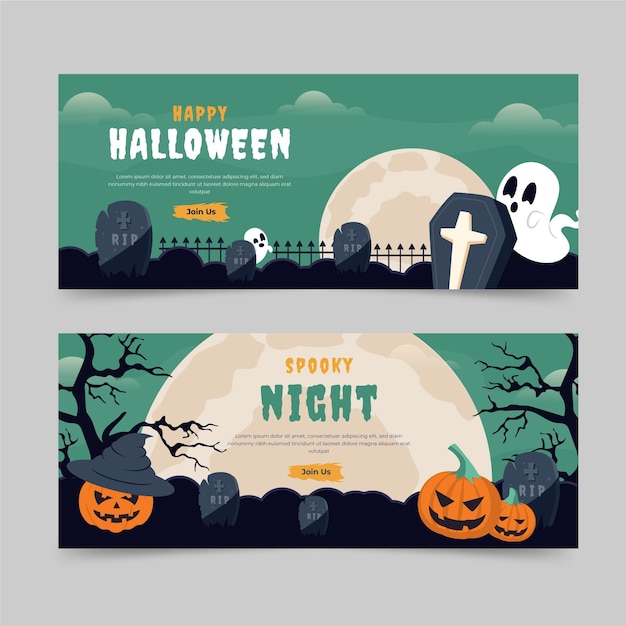 Gratis vector hand getekende platte halloween horizontale banners set