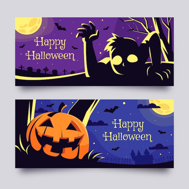 Hand getekende platte halloween horizontale banners set