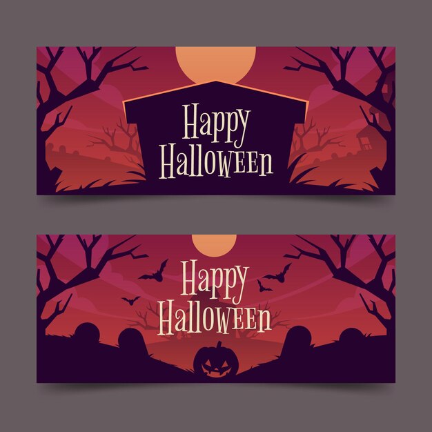 Hand getekende platte halloween horizontale banners set