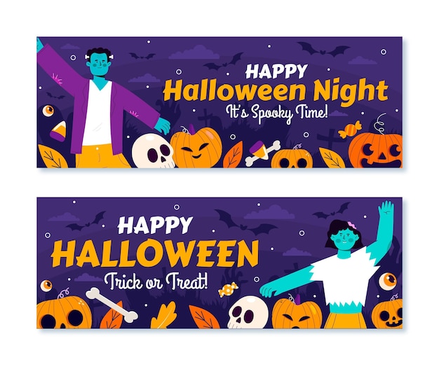 Hand getekende platte halloween horizontale banners set