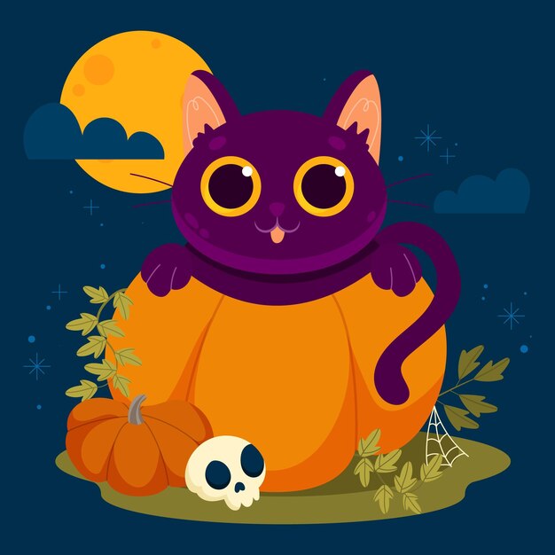 Hand getekende platte halloween kat illustratie